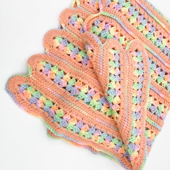 36" x 55" Vintage Crochet Hand Made Scallop Throw Blanket Pastel Rainbow Pride - Picture 3 of 5